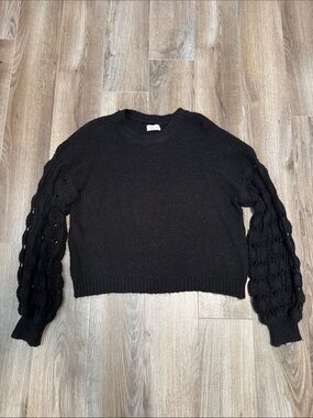 Pink Lily Black Crewneck Sweater with Textured Balloon Sleeves